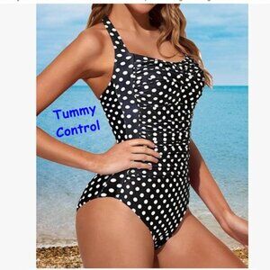 NWT Tempt Me Black Polka Dot Tummy Control One Piece Swimsuit Size XL